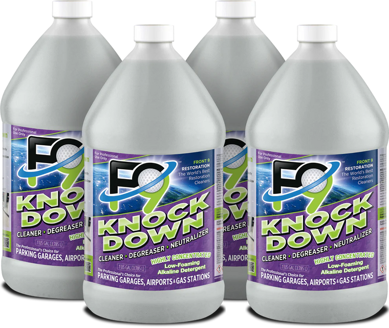 F9 Knockdown, Low-Foam Cleaner, Degreaser, Neutralizer - Case of 4 Gallons
